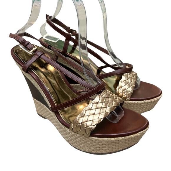 Audrey Brooke Shoes - Audrey Brooke 9.5 Shakes Brown Gold Weave Espadrille Platform Wedge Sandals